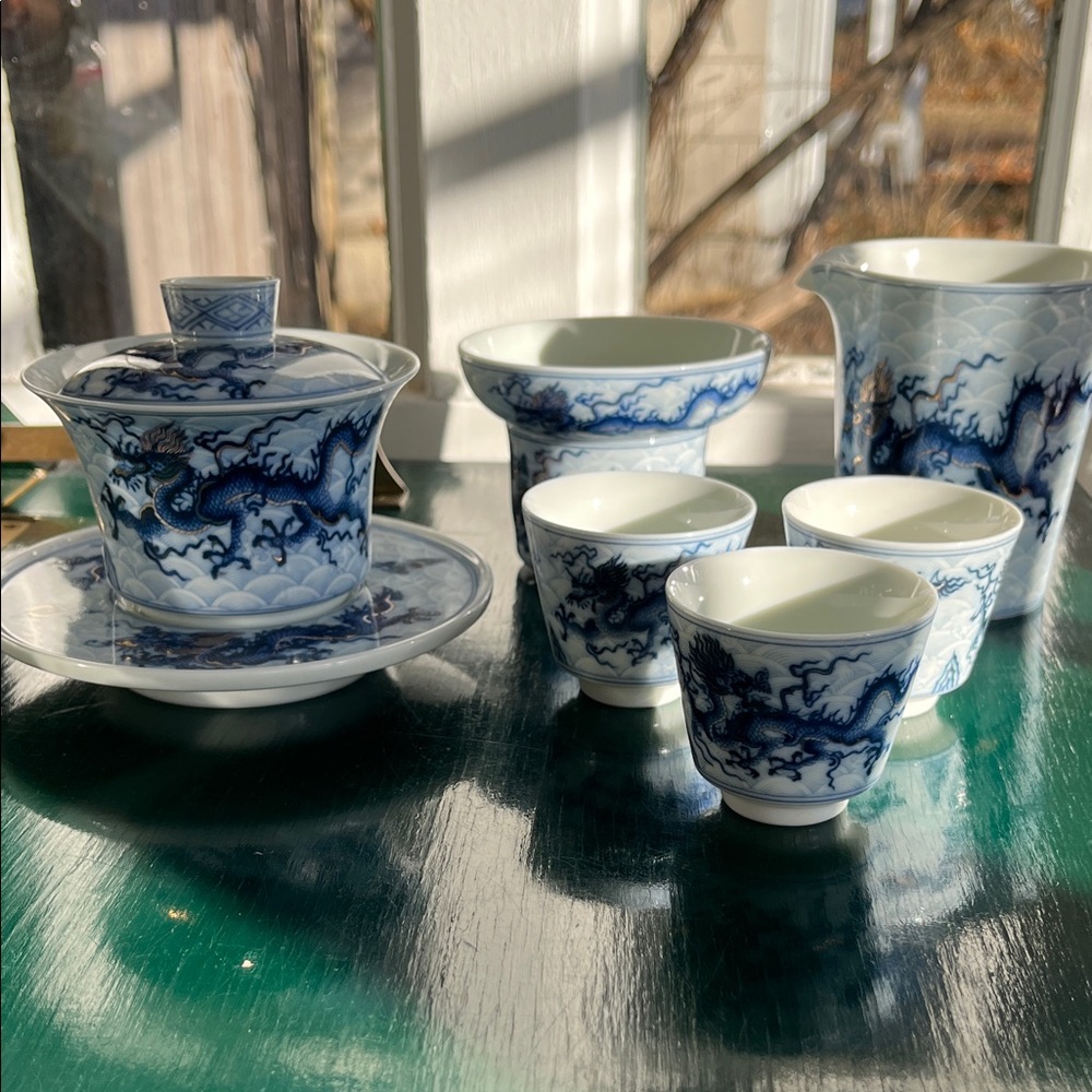 Porcelain Gawain, Blue and White Dragon in the Clouds Tea Set, 7 pcs.